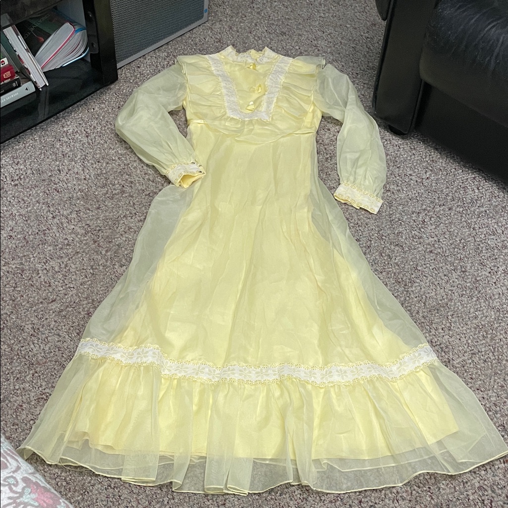 Vintage 70s Little House On The Praise Sheer Sleeve Lace Yellow Maxi Dress